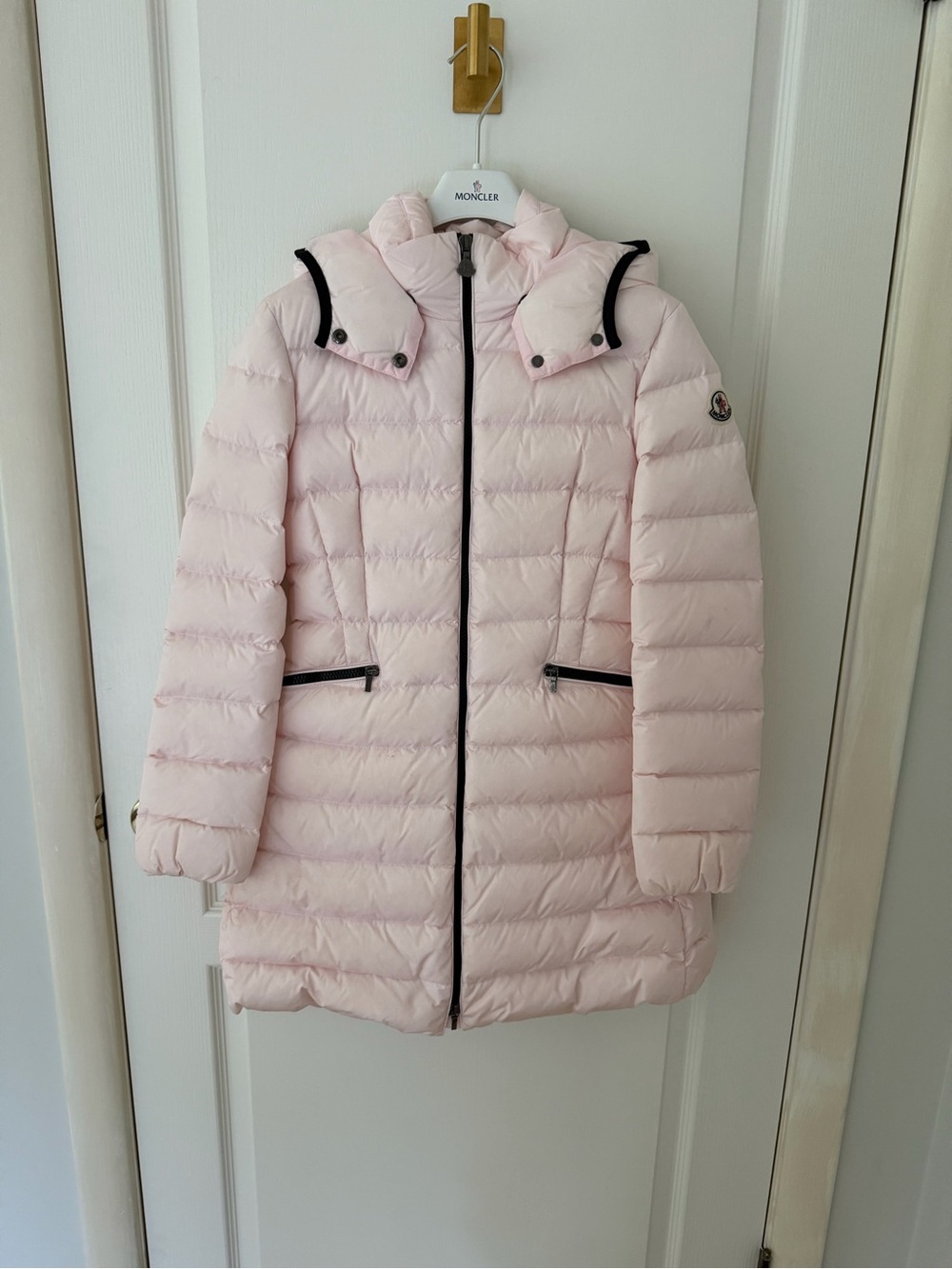 Moncler Girls Charpal Hooded Long Down Jacket Pink Size 12A Authentic